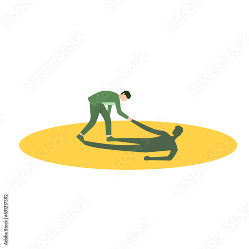 Vector illustration of a businessman helping his own shadow to stand up. Believe in yourself, conscious, the only person you can rely on is yourself.Business concept with flat design