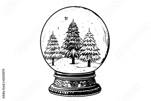 Merry Christmas gift snow globe Snowflake tree  inside. Vector engraving ink sketch illustration.