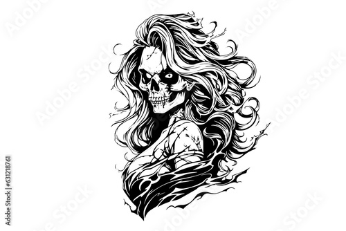 Zombie head or face ink sketch. Walking dead hand drawing vector illustration.