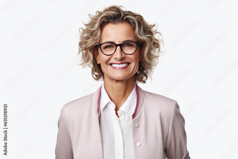 Beautiful businesswoman in glasses, happy smile, cool pose over white background.