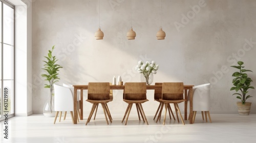 Minimalist composition of loft style dining room interior. Gray concrete walls and floor, wooden table, design chairs, green plants, flowers, pendant lights, panoramic window. Mockup, 3D rendering.