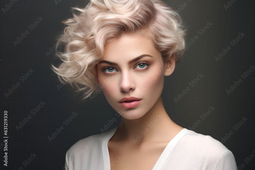 Beautiful model woman, short hair, blonde curly dye. Fashion, cosmetics, makeup. Beautiful model woman, short hair, blonde curly dye. Fashion, cosmetics, makeup.