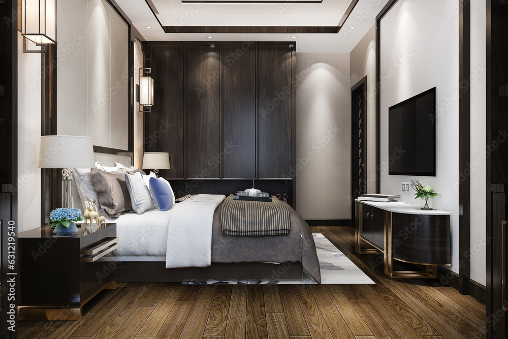 Fototapeta premium 3d rendering luxury modern bedroom suite in hotel with tv and cabinet