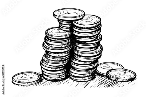 Stack of coins money in engraving style. Hand drawn ink sketch. Vector illustration.
