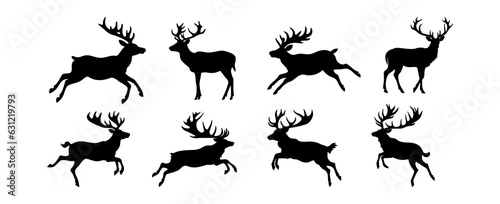 Set of Reindeer silhouette isolated on white background. Christmas deer wildlife animal vector illustration