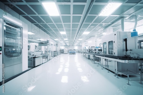 Contemporary drug production workshop interior. Spacy bright sterile room  facility with modern industrial machinery. Manufacturing process  pharmaceutics  semiconductors  biotechnology. 3D rendering.