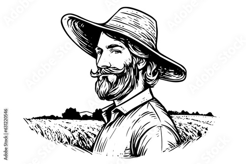 Happy farmer in hat engraving style. Hand drawn ink sketch. Vector logotype illustration. photo