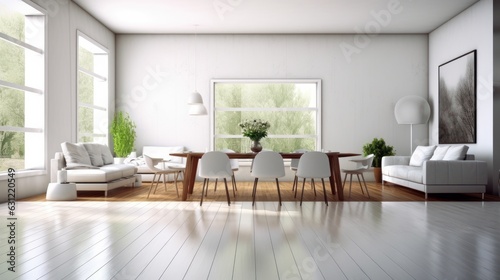 Interior of modern minimalist white living room with dining area. Comfortable sofas, wooden dining table with chairs, houseplants in pots, posters the wall, wooden floor. Mockup, 3D rendering. © Georgii