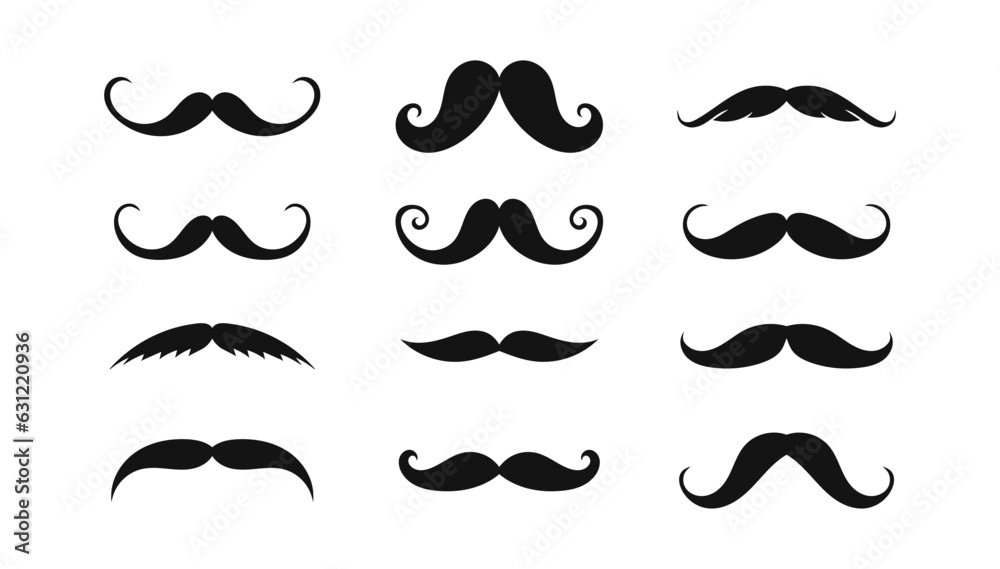Set of mustaches symbols. Black silhouettes drawing mustache. Men's mustaches, hipster, gentleman like barbershop. Vector Illustration.