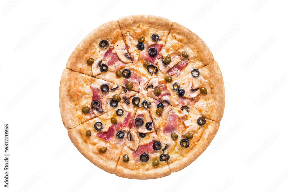 Delicious pizza with bacon, champignon mushrooms, capers and olives, cut out Delicious pizza with bacon, champignon mushrooms, capers and olives, cut out
