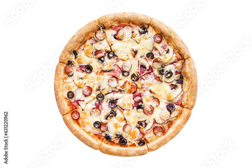 Delicious pizza with salami, ham, sausages, champignon mushrooms, olives, mozzarella and tomato sauce, cut out