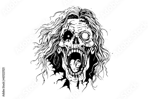 Zombie head or face ink sketch. Walking dead hand drawing vector illustration.