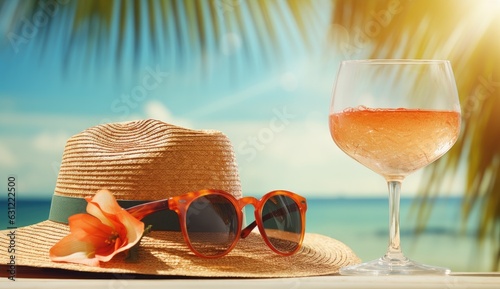 hat, glasses, drink on a tropical beach background Generative AI