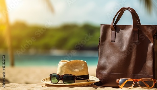 sunglasses, tote bag, and hat near a beautiful beach Generative AI