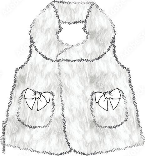 Kid and Baby Girls Outerwear Fur Vest with Pockets and Bowtie Vector Illustration