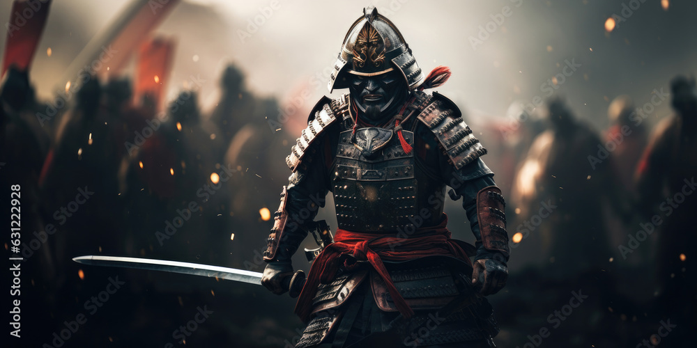Fototapeta premium A samurai with a katana stands ready to fight against a huge army