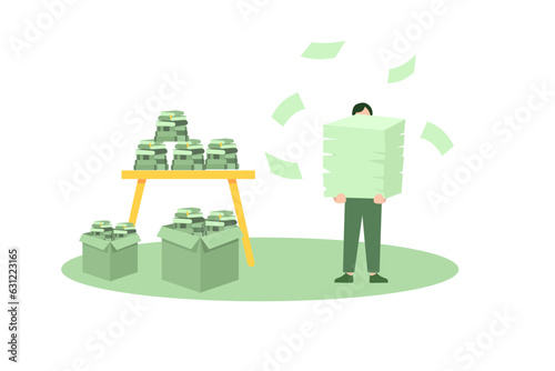 Vector illustration in flat style Businessman holds pile of office papers and documents. Documents and file folders on table. Routine, bureaucracy, big data, paperwork, office.
