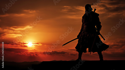 Silhouette of a samurai posing during sunset