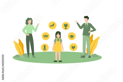 vector illustration of Child person problem, man woman character around kid. Flat family people talking above sad stressed girl. Unhappy relationship, father mother teacher pressure little kid.