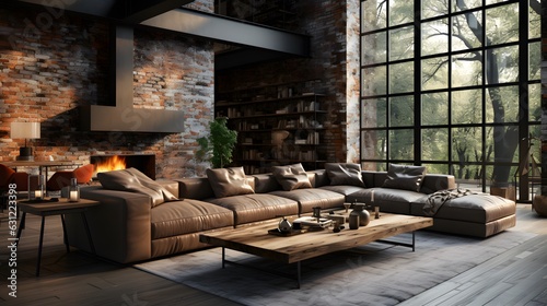 Exposed Beauty: Ultra Realistic 3D Render of Industrial Loft Living Room Design. Generated by AI.