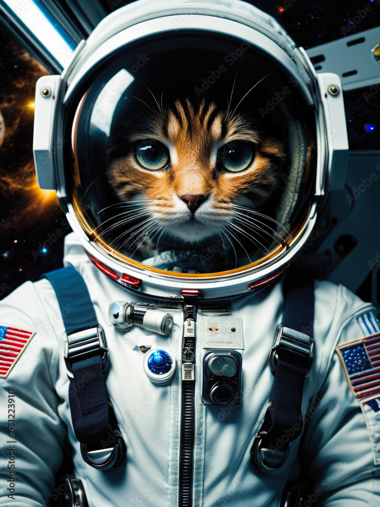  Portrait of an astronaut's cat. Illustration. Artificial intelligence.
