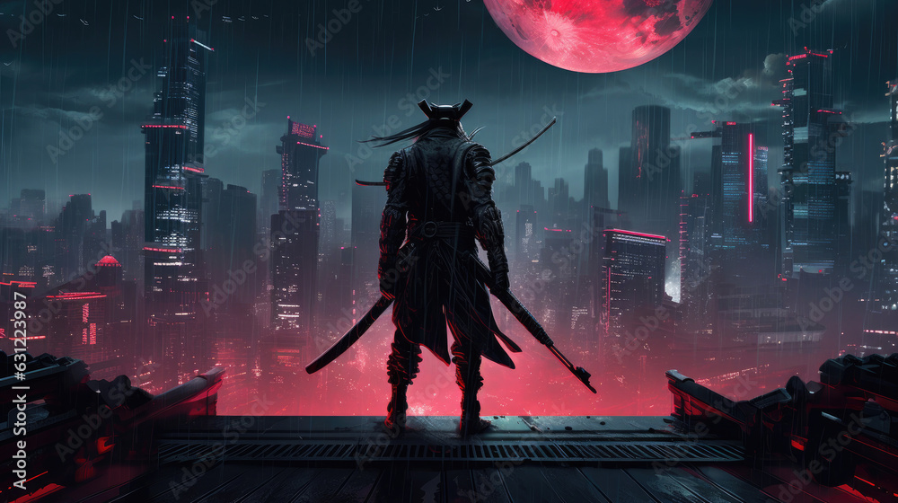 Samurai standing on a building in cyberpunk city at rainy night - obrazy, fototapety, plakaty 
