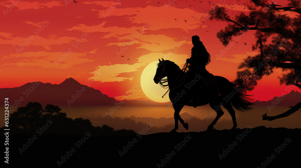 Fototapeta premium Silhouette of samurai riding horse at sunset