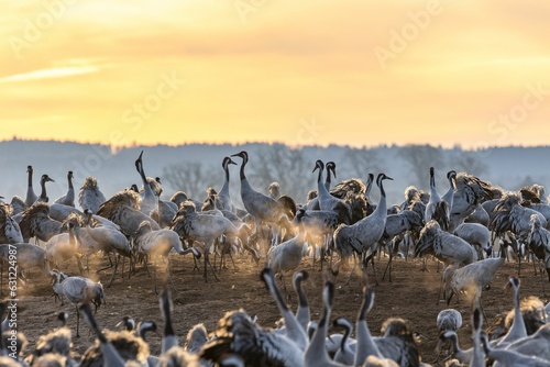 Flock of cranes gathered together in a natural grassy environment on the backdrop of sunset