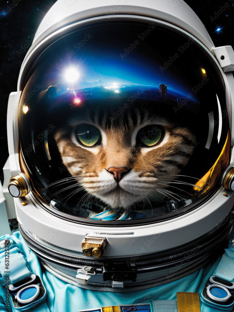 Portrait of an astronaut's cat. Illustration. Artificial intelligence. Portrait of an astronaut's cat. Illustration. Artificial intelligence.
