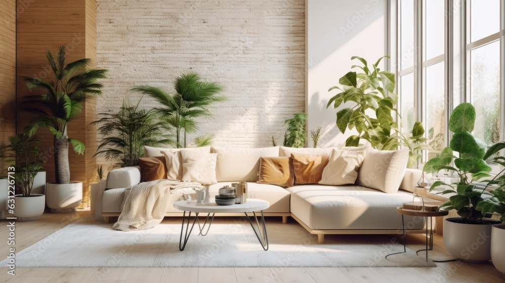 Cozy elegant minimalist living room interior in natural colors. Comfortable corner couch with cushions, many houseplants, coffee table, rug on the floor, home decor. 3D rendering. Cozy elegant minimalist living room interior in natural colors. Comfortable corner couch with cushions, many houseplants, coffee table, rug on the floor, home decor. 3D rendering.