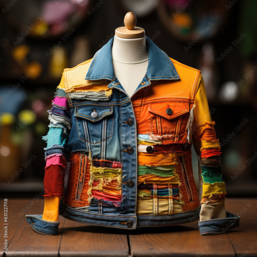 Women's patchwork jacket . Scrappy Quilt patch work fabric textile.  - obrazy, fototapety, plakaty 