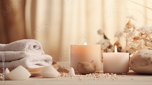 Beautiful spa treatment composition such as Towels  candles  essential oils  Massage Stones on light wooden background. blur living room  natural creams and moisturising Healthy lifestyle  body care..