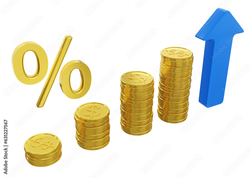 Upward arrow and growing coin stack illustrate banking, rising interest rates, inflation (%), and profitable savings. Upward arrow and growing coin stack illustrate banking, rising interest rates, inflation (%), and profitable savings.