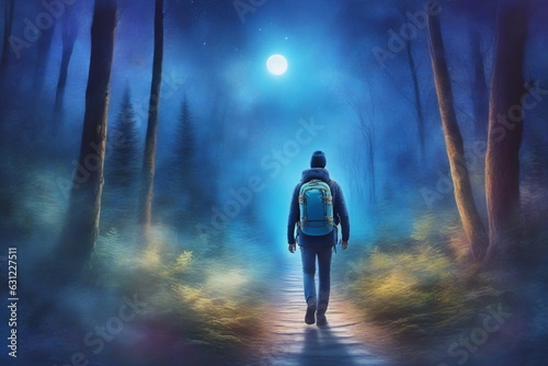 Ein Outdoor Reisender wandert auf einem Waldpfad in der Nacht durch die Natur und genie  t die Ruhe.