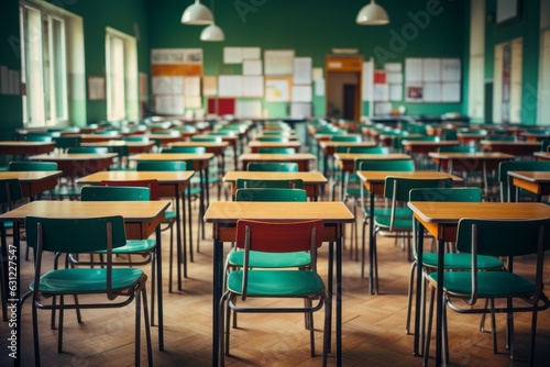 Empty tables and chairs school classroom without students. Generative Ai