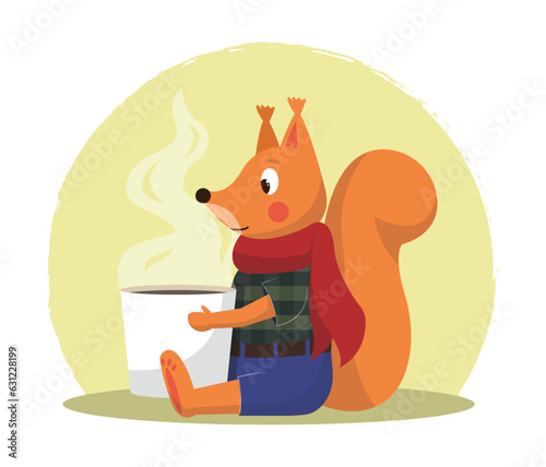 A squirrel drinks tea. Vector flat illustration.