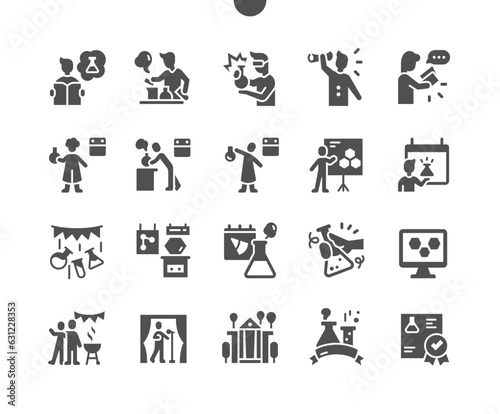 Chemists Day in May. University holiday, picnics. Scientific lectures. Calendar. Holiday. Science exhibitions. Vector Solid Icons. Simple Pictogram