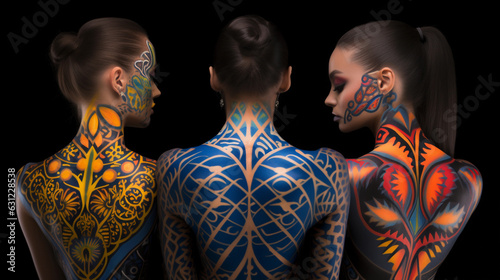 Women's body painting art, empowering symbols that represent self - love