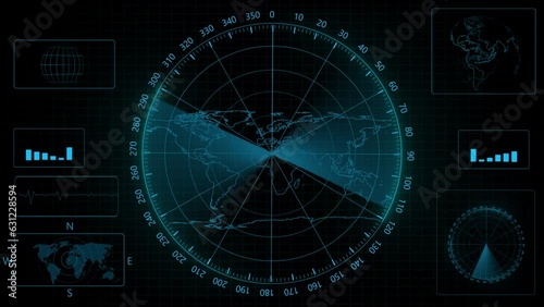 Radar screen animated, syan color 3d world map radar HUD animation. s_113 photo