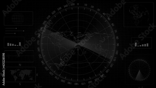 White radar screen animated, syan color 3d world map radar HUD animation. s_115 photo