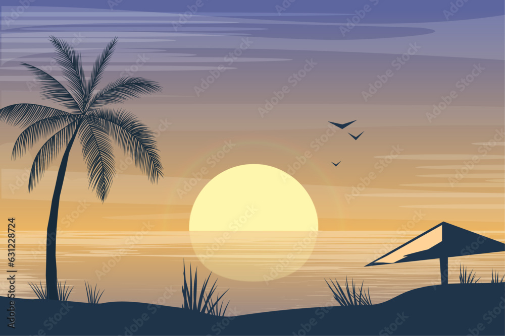 beach sunset sunrise with palm silhouette background