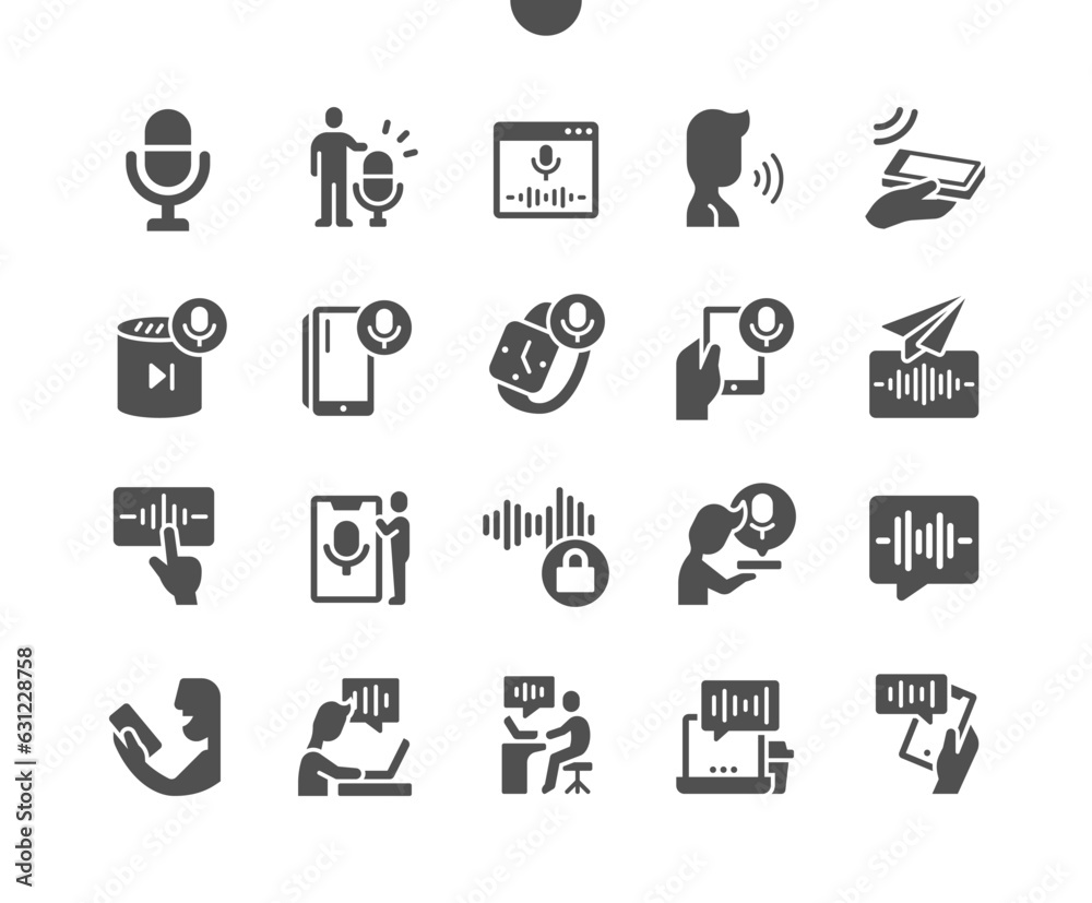 Voice functions. Start recording. Voice message. Speak, technology, recording, communication, internet, app and network. Vector Solid Icons. Simple Pictogram