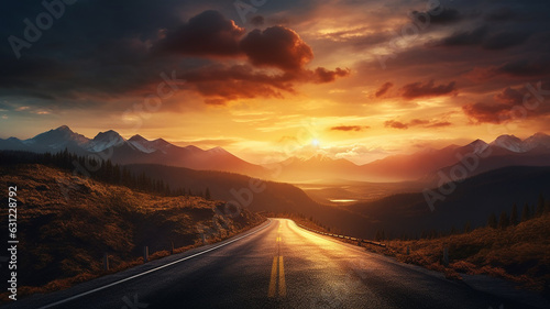 empty road surrounded by mountains with sunset