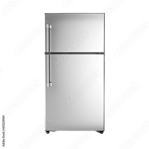transparent backround isolates top mount fridge. Stainless steel double door refrigerator viewed from the side. Modern kitchen and household appliances include frost free freezer.