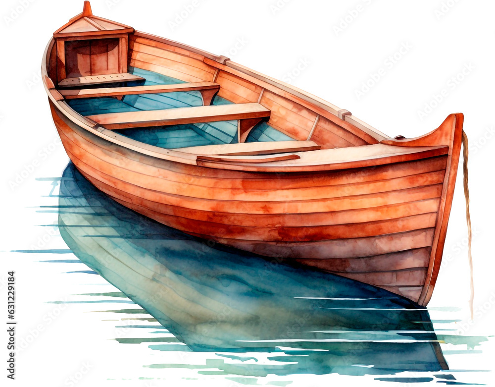 Watercolor hand drawn illustration Fishing boat at sea Isolated on white background