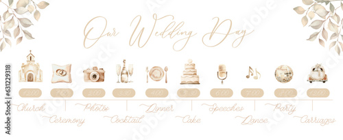 Wedding Timeline menu on wedding day. Our wedding day calligraphy inscription with watercolor illustration.