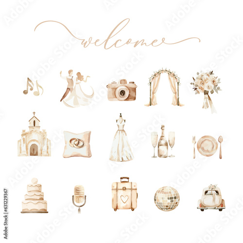 Wedding Timeline menu on wedding day. Watercolor wedding icons and calligraphy inscription Welcome.