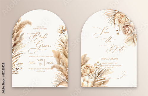 Wedding Arch Invitation with dried flowers. Abstract floral art background vector design for wedding and vip cover template.