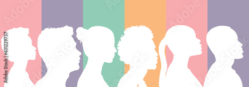 Group diversity colourful silhouette multiethnic people from the side. Community of colleagues or collaborators. Concept of bargain agreement or pact. Collaborate. Co-workers, Harmony ,Organization.