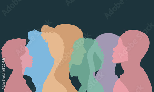 Group diversity colourful silhouette multiethnic people from the side. Community of colleagues or collaborators. Concept of bargain agreement or pact. Collaborate. Co-workers, Harmony ,Organization.
